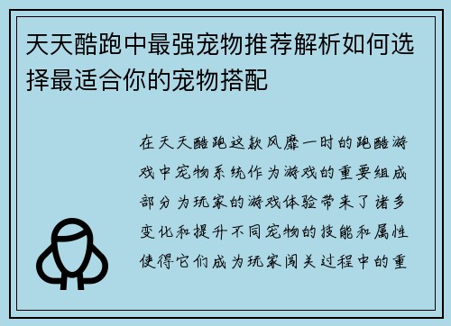 天天酷跑中最强宠物推荐解析如何选择最适合你的宠物搭配